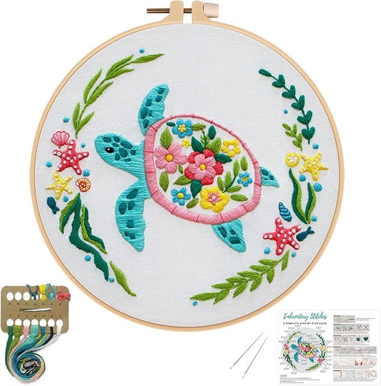 Louise Maelys Sea Turtles Embroidery Kits for Beginners, DIY Cross Stitch Starter Craft Kit for Adults Including Cloth with Pattern, Hoop, Needles Instruction and Threads