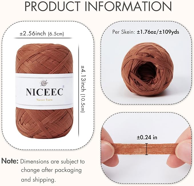 NICEEC 6 Skeins Soft Tape Yarn for Crocheting Craft Paper Yarn Easy Crochet Raffia Yarn Ribbon Yarn for DIY Craft Gift Wrapping Total Length 1.76oz×6/109yds×6-Caramel