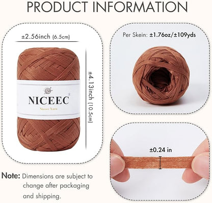 NICEEC 6 Skeins Soft Tape Yarn for Crocheting Craft Paper Yarn Easy Crochet Raffia Yarn Ribbon Yarn for DIY Craft Gift Wrapping Total Length 1.76oz×6/109yds×6-Caramel
