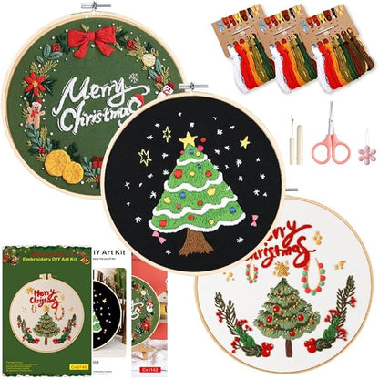 Christmas Embroidery Kits: 3 Pack Cross Stitch Kit for Beginners Adults, DIY Ornaments Craft Kit with All Tools & Instructions, Stamped Hand Embroidery Starter Kit for Holiday Crafts & Xmas Home Decor