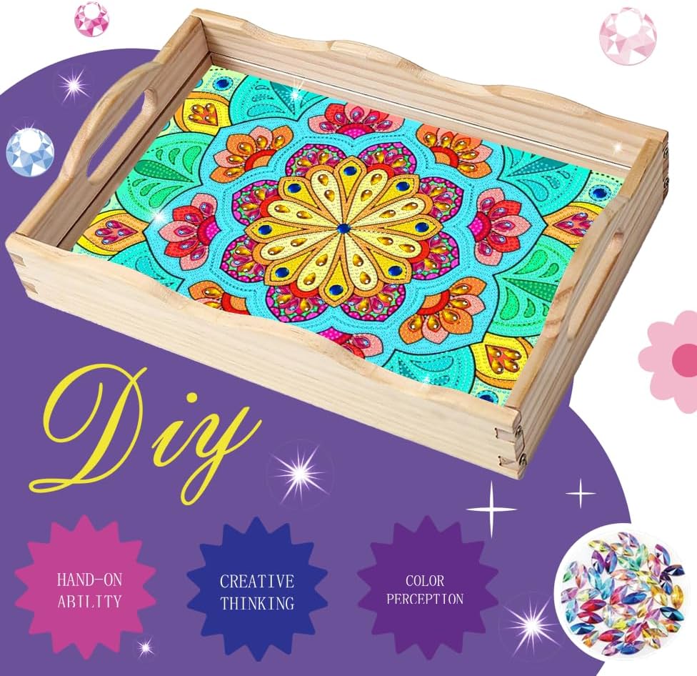 EWJRNSF Diamond Art Kits for Adults Wooden Serving Trays with Handles, 5D Diamond Painting Big Gem Arts and Craft Gifts Trays Decor Gift Home Decor 7.8x11.8 Inches Mandala F - Image 4