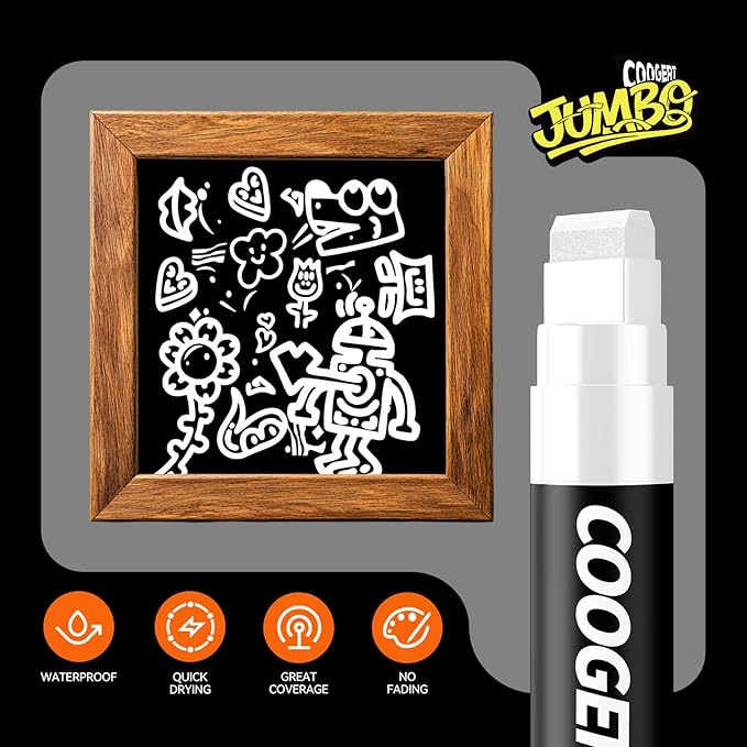 Coogert 3Pcs White Jumbo Poster Markers, 15MM Thick Permanent Acrylic Graffiti Markers, Wide Tip Paint Marker for Canvas, Posters Board, Fabric, Window, Glass, Wood, Teachers,Banner painting supplies
