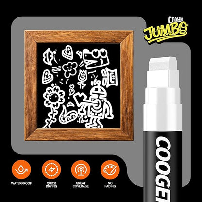 Coogert 3Pcs White Jumbo Poster Markers, 15MM Thick Permanent Acrylic Graffiti Markers, Wide Tip Paint Marker for Canvas, Posters Board, Fabric, Window, Glass, Wood, Teachers,Banner painting supplies