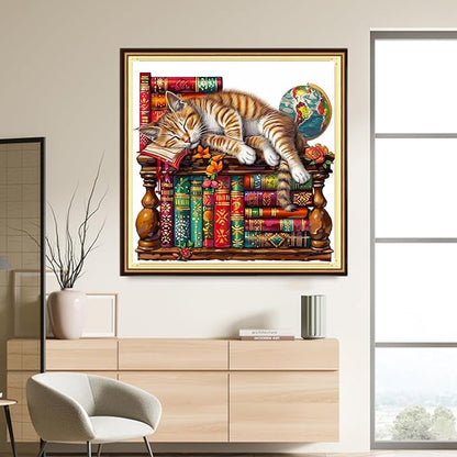 DMCVIVR Stamped Cross Stitch Kits for Adults Beginners Embroidery Kits 11CT Needlepoint Kits Cross Stitch Patterns Embroidery Patterns- Bookshelf Cat 18x18 inch