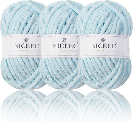 NICEEC 3 Skeins Sparkling Chenille Yarn Soft Blanket Yarn for Crochet & Knitting, Total 165yds/10.6oz - Light Blue