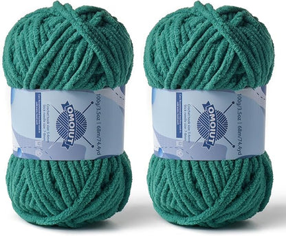 Chunky Chenille Yarn for Crocheting，Baby Yarn for Crocheting Soft Blankets，Bulky Yarns for Crochet Amigurumi，2×100g (2×74.3yds) Fluffy Velvet Yarns for Hand Knitting (2 Dark Green)