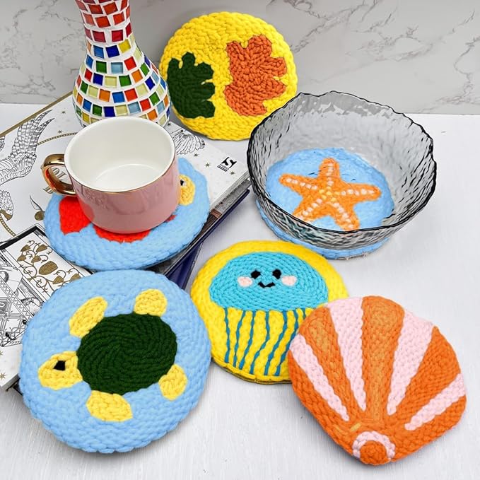 Punch Needle Coaster Kit for Adults Beginners, Easy Punch Embroidery Starter Set with Instructions – Fun Mug Rug Making Kit for Table Decor & Festival DIY Gifts (6pcs Marine Life)