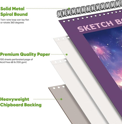 Soucolor 9"x12" Sketch Book for Women Sketch Book, 100 Sheets (68lb/100gsm) Drawing Paper, Art Supplies for Adults, 1-Pack