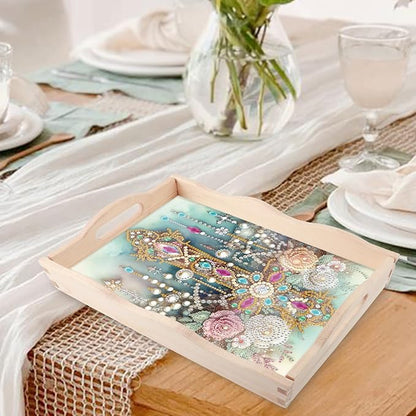 JZHYOAN Flower Diamond Painting Trays for Adults, DIY Cross Creative Design, Kitchen Platters for Entertaining Breakfast Coffee Table Decoration for Living Room Coffee Serving Table Tray