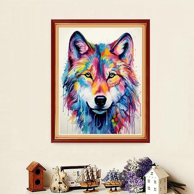 Dooxvey Cross Stitch Kits for Adults Stamped Full Range of Embroidery Starter Kits for Beginners 11CT Printed Cross Stitch Patterns Needlepoint Kits Stamped Crossstitching-Rainbow Wolf 16x20 inch