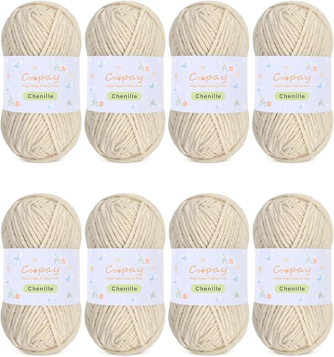 Coopay Chenille Yarn for Crocheting/Knitting, 8 Pack Medium Worsted Weight Yarn of 50g/1.76oz - Total 520yd, Soft Velvet Crochet Yarns for Plush Toys, Baby Blankets, Scarves (Khaki)