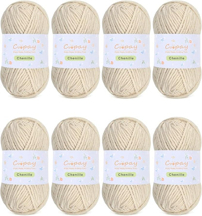 Coopay Chenille Yarn for Crocheting/Knitting, 8 Pack Medium Worsted Weight Yarn of 50g/1.76oz - Total 520yd, Soft Velvet Crochet Yarns for Plush Toys, Baby Blankets, Scarves (Khaki)
