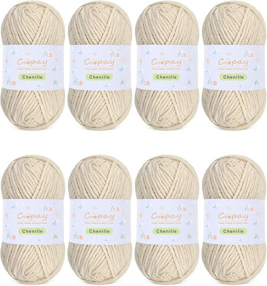 Coopay Chenille Yarn for Crocheting/Knitting, 8 Pack Medium Worsted Weight Yarn of 50g/1.76oz - Total 520yd, Soft Velvet Crochet Yarns for Plush Toys, Baby Blankets, Scarves (Khaki)