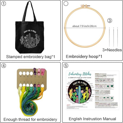 Louise Maelys Cactus Embroidery Kit Canvas Tote Bag for Beginners,Cross Stitch Kits for Adults,DIY Funny Plant Flowers Pattern,Women Shopping Reusable Grocery Bags