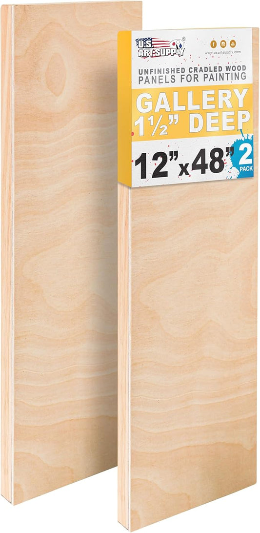 U.S. Art Supply 12" x 48" Unfinished Cradled Wood Panels for Painting, Gallery 1-1/2" Deep (2 Pack)- Artist Depth Wooden Wall Canvases - Mixed-Media Craft, Acrylic, Oil, Encaustic, Paint Pouring