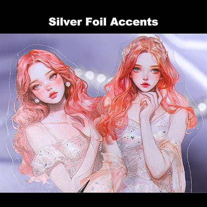 AuriicLeaf Elegant Girl PET Sticker Set, 120PCS Vintage Fashion Girl Stickers with Silver Accents for Scrapbooking Journaling DIY Crafts Art Supplies