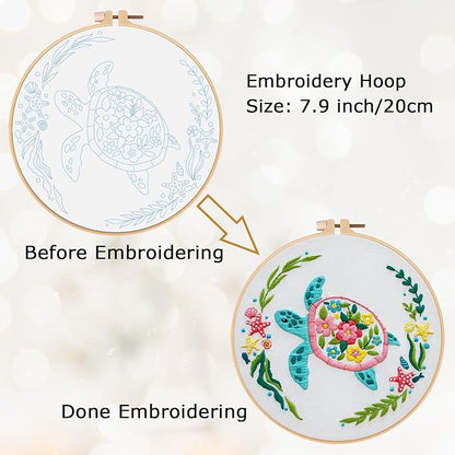 Louise Maelys Sea Turtles Embroidery Kits for Beginners, DIY Cross Stitch Starter Craft Kit for Adults Including Cloth with Pattern, Hoop, Needles Instruction and Threads