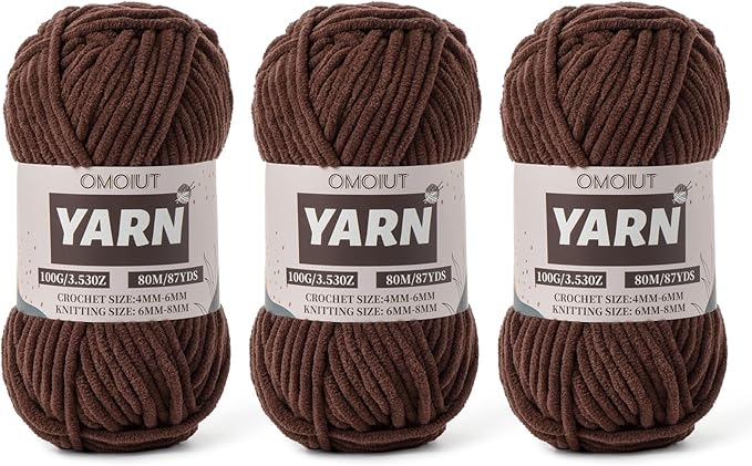 Fluffy Chenille Yarn for Crocheting - Baby Yarn for Crocheting Soft Blanket - 3 Pack of 100g/(87.4yds) Crochet Amigurumi Chunky Yarns - Super Bulky 5 Velvet Yarns (3 Dark Coffee)
