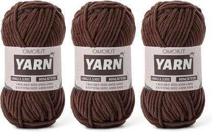 Fluffy Chenille Yarn for Crocheting - Baby Yarn for Crocheting Soft Blanket - 3 Pack of 100g/(87.4yds) Crochet Amigurumi Chunky Yarns - Super Bulky 5 Velvet Yarns (3 Dark Coffee)