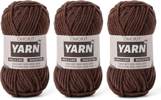 Fluffy Chenille Yarn for Crocheting - Baby Yarn for Crocheting Soft Blanket - 3 Pack of 100g/(87.4yds) Crochet Amigurumi Chunky Yarns - Super Bulky 5 Velvet Yarns (3 Dark Coffee)
