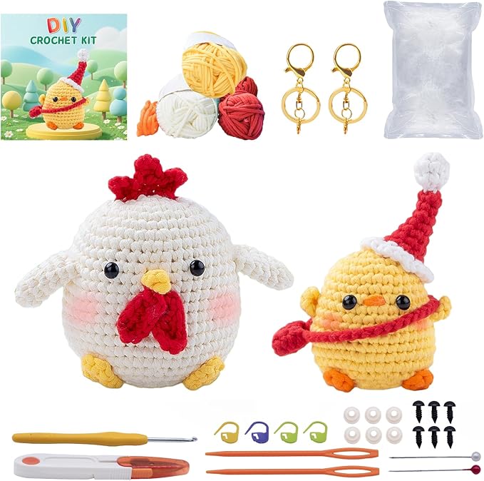 Crochet Kit for Beginners, Easy DIY Crochet & Knitting Kit for Adults with Step-by-Step Video Tutorials, Yarns, Stuffing, Crochet Hook and Accessories, Crochet Craft Set Birthday Gifts (Chicken)