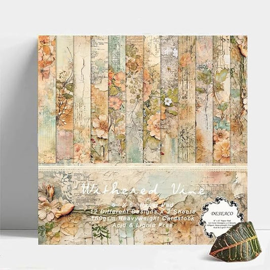 DESEACO 24 Sheets Vintage Floral Scrapbooking Paper Pad 6x6, Decorative Single-Side Craft Paper for Adult Journaling, Card Making, Collage & DIY Scrapbook Projects