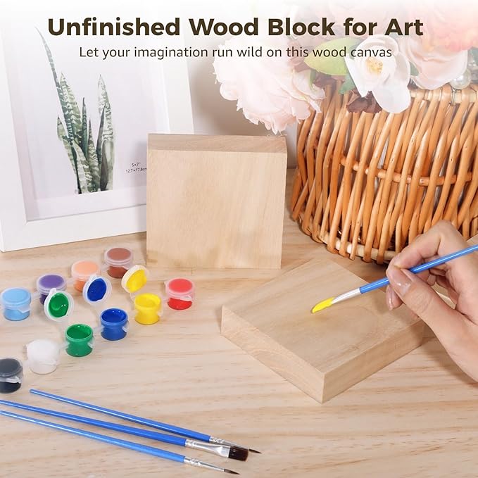 24 PCS Unfinished Wood Blocks, Natural Wood Blocks Painting Kit, 4 x 4 x 1 Inch Square Wood Blocks for Art and Crafts, Blank Wooden Board DIY Craft Panels with 12 Colors Paint 3 Paintbrushes Palette