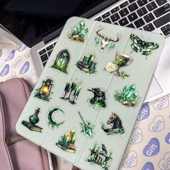 50PCS Forest Witch Stickers – Green Gothic Aesthetic Transparent Scrapbooking Stickers, Witchy Clear Decals for Journaling, Spell Books, Resin Crafts Projects, Tumbler, Laptop