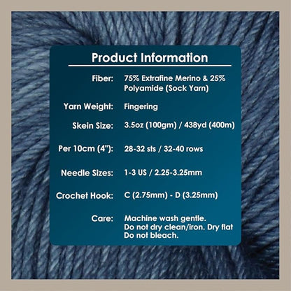 KnitPro Symfonie Hand Dyed Yarn | Extra Fine Merino Wool & Polyamide Blend for Knitting & Crocheting, Fingering Weight, Oeko-TEX Certified 400m, 100g Skein | Terra Semi-Solid Jodhpur Blue