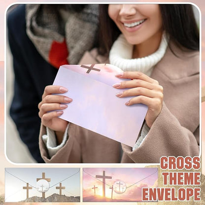 TaoBary 160 Pcs Stationery Paper Set 50 Double Sided Stationery Papers with 50 Matching Envelopes and 60 Round Dot Sticker, 10 Design(Religious Letter with Cross,8.5 x 11 Inch)