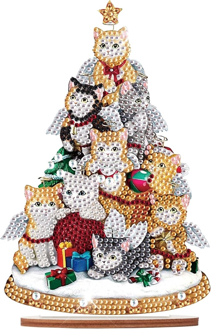Tontut Diamond Painting Desktop Decoration, Cat Christmas Tree 5D DIY Special Diamond Art Decoration Kit for Adults, Office Desktop or Christmas Holiday Arrangement Crafts