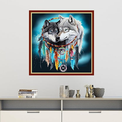 Findvoor Stamped Cross Stitch Kits for Beginners Full Range of Cross Stitching Embroidery Pattern for Adults, 11CT DIY Needlepoint Embroidery Starter Kits-Wind Chime Wolf 17.7x17.7 inch