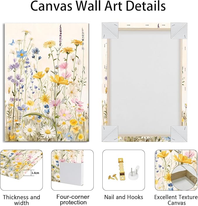 WENGTIAO 3Pcs Framed Colorful Wildflower Canvas Wall Art, Yellow Watercolors Flowers Wall Pictures Floral Canvas Prints Wall Decor Paintings for Living Room Girls Bedroom Ready to Hang 12"x16"x3