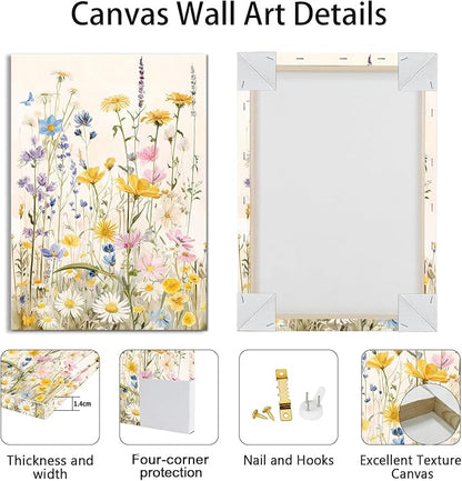 WENGTIAO 3Pcs Framed Colorful Wildflower Canvas Wall Art, Yellow Watercolors Flowers Wall Pictures Floral Canvas Prints Wall Decor Paintings for Living Room Girls Bedroom Ready to Hang 16"x24"x3