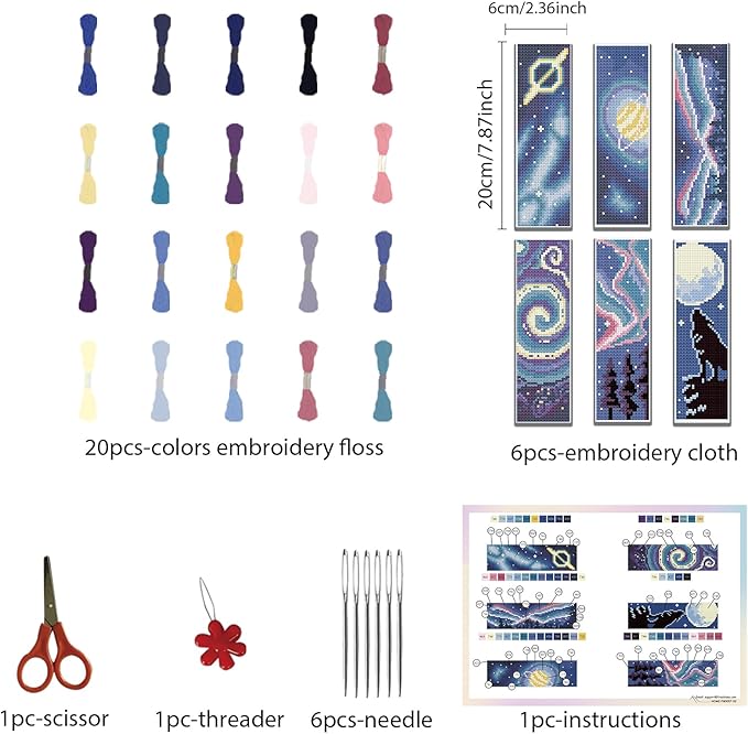 ORIGACH 6 Set Cross Stitch Bookmark Kit for Beginner Starry Sky Pattern DIY Stamped Embroidery Bookmark Kit with 20 Colors Embroidery Floss Instructions 8''x2.4''