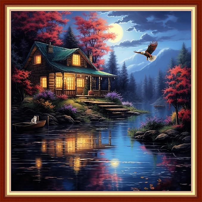 Funchey Stamped Cross Stitch Kits, DIY Cross Stitch Pattern for Adults Beginners Needlepoint Kits Embroidery Kit Arts and Crafts 11CT&Night Moon by The River 18x18 inchs