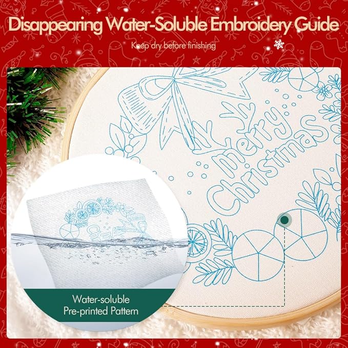 Christmas Embroidery Kits: 1 Pack Cross Stitch Kit for Beginners Adults, DIY Ornaments Craft Kit with All Tools & Instructions, Stamped Hand Embroidery Starter Kit for Holiday Crafts & Xmas Home Decor