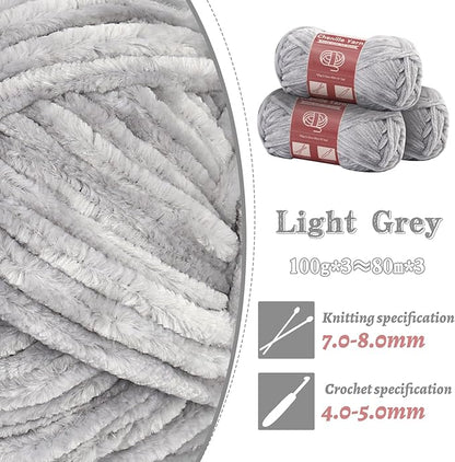 LUNARM Chenille Yarn for Crocheting Knitting, 3 Skein 263 Yard Thick Soft Chunky Fluffy Weaving Plush Yarn for Blankets Clothes Pattern Creations with Big Eye Needles (Light Grey)