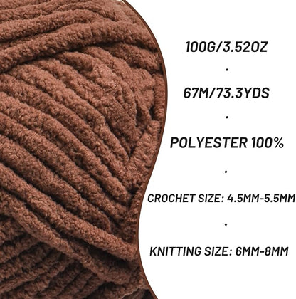 Chunky Chenille Yarn for Crocheting，Baby Yarn for Crocheting Soft Blankets，Bulky Yarns for Crochet Amigurumi，100g (74.3yds) Fluffy Velvet Yarns for Hand Knitting (Coffee)