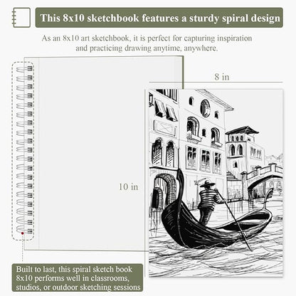 SuFly Spiral Bound Sketchbook 8x10, 100 Sheets Hardcover Sketch Books, 68lb/100gsm Sketch Paper, Sketch Pads for Drawing for Adults, Sketchbook for Art Class & School.
