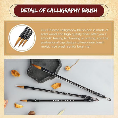 Zonon 3 Pieces Chinese Calligraphy Brush Pens Japanese Calligraphy Brush Sumi Drawing Brush Traditional Wooden Watercolor Ink Pens for Beginner Watercolor Painting Tools (3 Sizes)