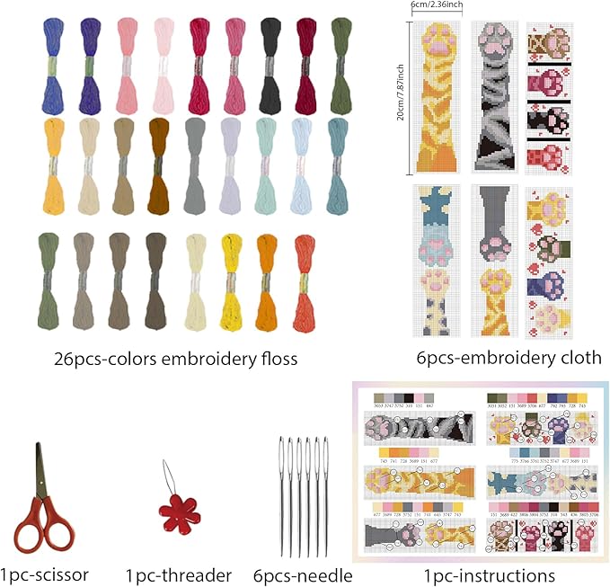 FREEBLOSS 6 Set Embroidery Bookmarks Cute Cat Paws Patterned Cross Stitch Bookmark Kit with Instruction Embroidery Kit for Adults Beginners 8''x2.4''