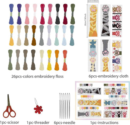 FREEBLOSS 6 Set Embroidery Bookmarks Cute Cat Paws Patterned Cross Stitch Bookmark Kit with Instruction Embroidery Kit for Adults Beginners 8''x2.4''