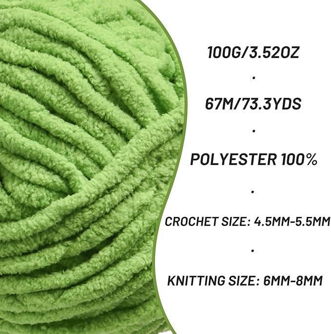 Chunky Chenille Yarn for Crocheting，Baby Yarn for Crocheting Soft Blankets，Bulky Yarns for Crochet Amigurumi，2×100g (2×74.3yds) Fluffy Velvet Yarns for Hand Knitting (2 Grass Green)