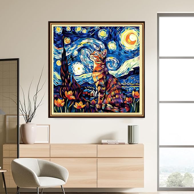 DMCVIVR Stamped Cross Stitch Kits for Adults Beginners Embroidery Kits 11CT Needlepoint Kits Cross Stitch Patterns Embroidery Patterns-Cat Under The Starry Night 18x18 inch
