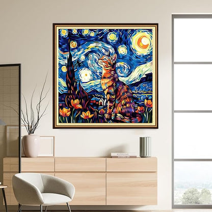 DMCVIVR Stamped Cross Stitch Kits for Adults Beginners Embroidery Kits 11CT Needlepoint Kits Cross Stitch Patterns Embroidery Patterns-Cat Under The Starry Night 18x18 inch
