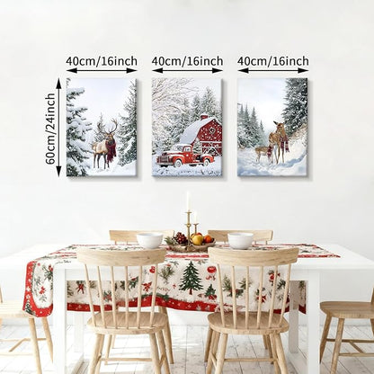 WENGTIAO Christmas Canvas Wall Art 3Pcs Winter Snowy Forest Prints Posters Red Truck Cabin Paintings Reindeer Pictures Vintage Xmas Artwork for Living Room Bedroom Bathroom Office 16”x24”x3