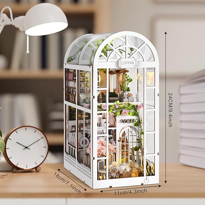 Foyucool DIY Book Nook Kit, Miniature Bookshelf Decor with LED Lights, Laser-Cut Wooden Craft Set for Adults, Creative Gift for Christmas, Birthday, Coffee Garden