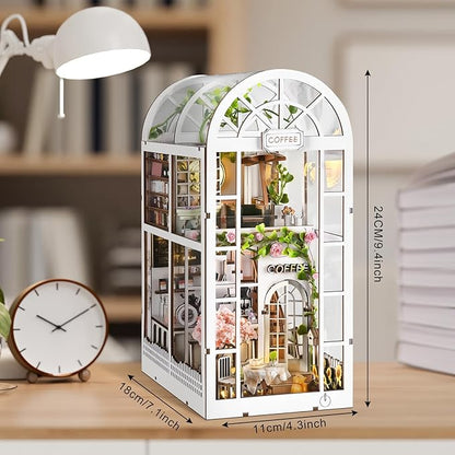 Foyucool DIY Book Nook Kit, Miniature Bookshelf Decor with LED Lights, Laser-Cut Wooden Craft Set for Adults, Creative Gift for Christmas, Birthday, Coffee Garden