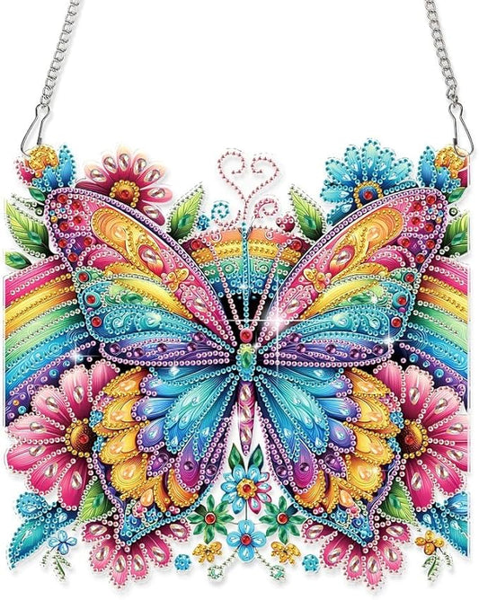 AiYuanzsh Diamond Art Suncatcher Hanging Kit Rainbow Butterfly with Flowers, Colorful Special Shaped Diamond Painting Ornament for Adults, DIY 5D Crystal Diamond Art Pendant Decoration